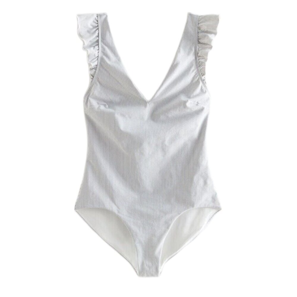 NWT &‎ Other Stories Frilled Pinstripe One Piece Bathing Suit White Blue Size 2